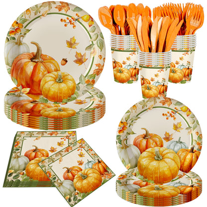 140-Pc Fall Party Tableware Set - Thanksgiving Pumpkin & Maple Leaf Plates, Napkins for 20 Guests - Disposable Dinnerware for Halloween, Autumn Birthday Decor