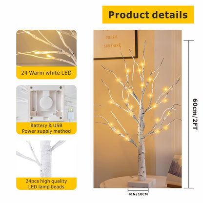 2-Pack LED Birch Tree Lamps - 2ft Tall Lighted Branches for Bedroom, Living Room, Wedding & Home Decor - 24 Warm White LEDs