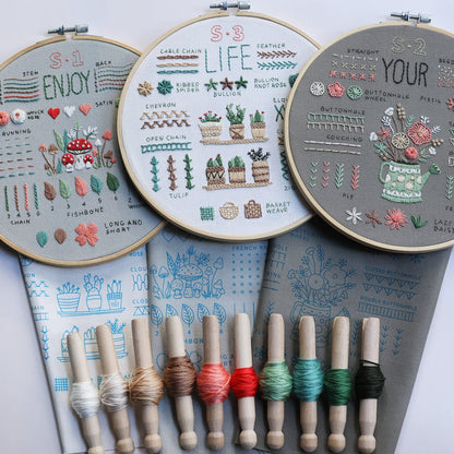 Embroidery Kit for Adult Beginners, 3-Pack 33-Stitch Practice Samplers, Pre-Stamped Patterns, 7.8 Inch Hoop, Threads and Needles, Step-by-Step Guide with Video
