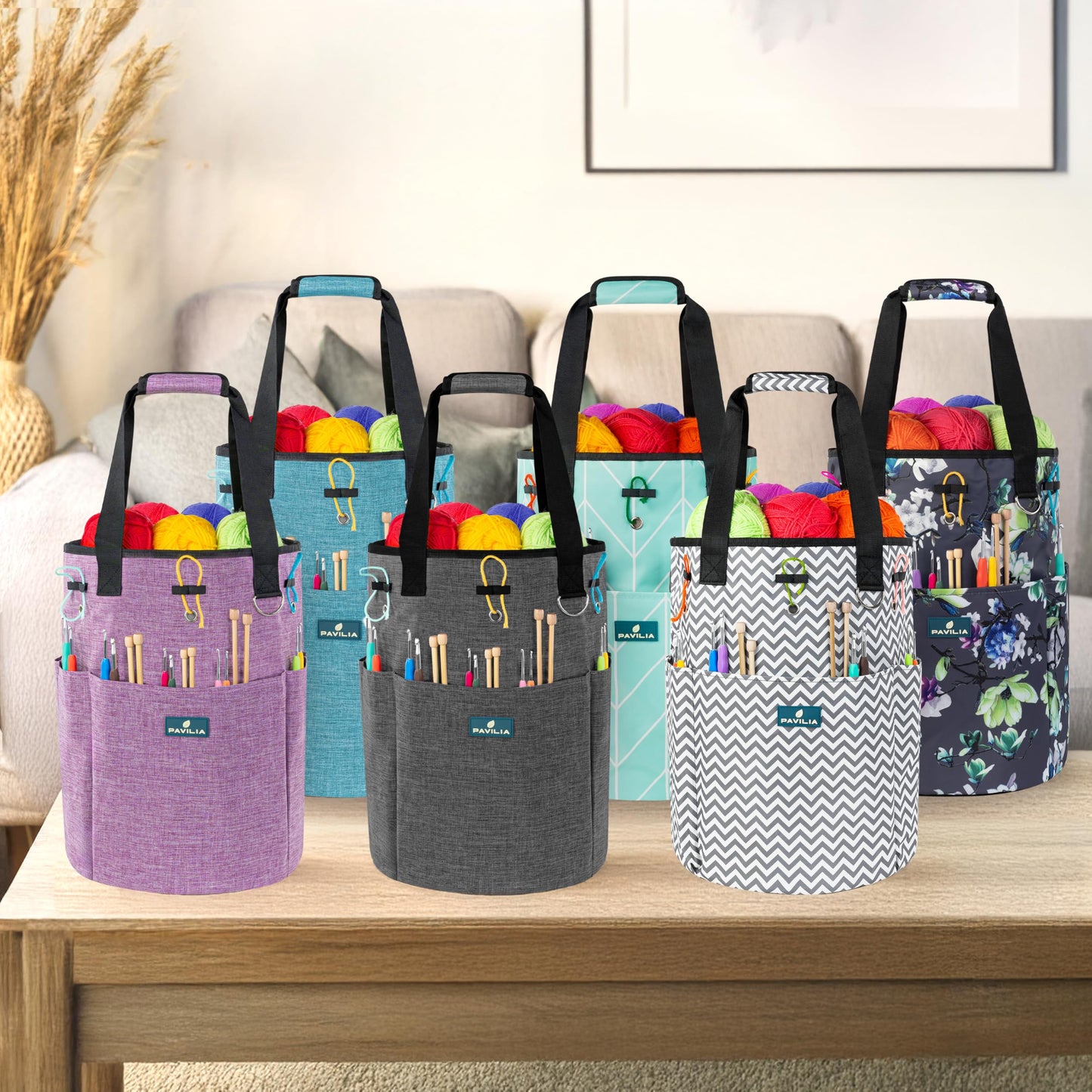 Crochet Bag Knitting Bag Organizer, Yarn Bag Storage Tote for Crocheting On The Go, Knitting Accessories Supplies Holder with Grommets, Gift for Crochet Lovers Knitters (Charcoal Gray)