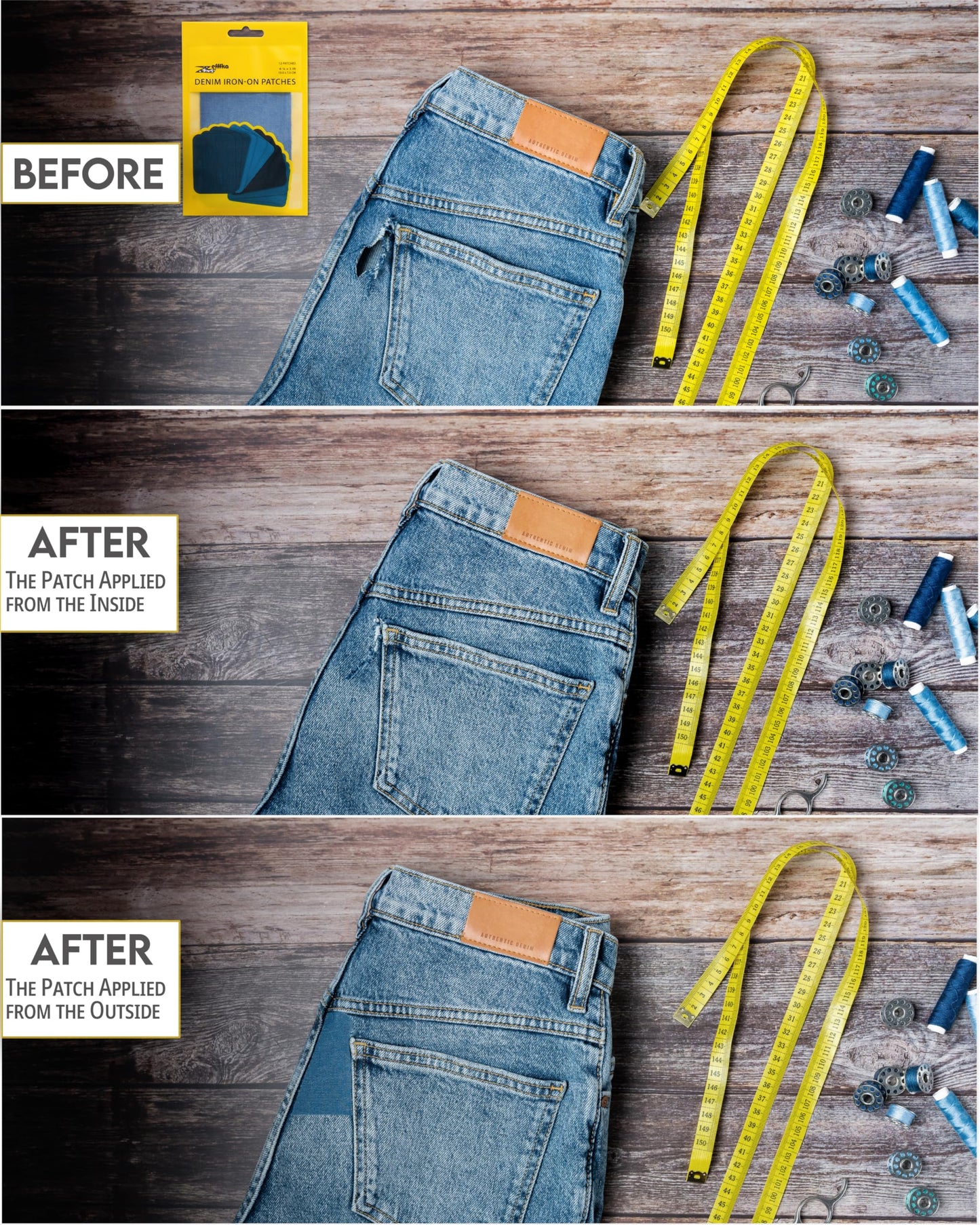 Denim Iron-on Patches Inside & Outside Strongest Glue 100% Cotton Black and White Repair Decorating Kit 12 Pieces Shades of Blue Size 3" by 4-1/4" (7.5 cm x 10.5 cm)