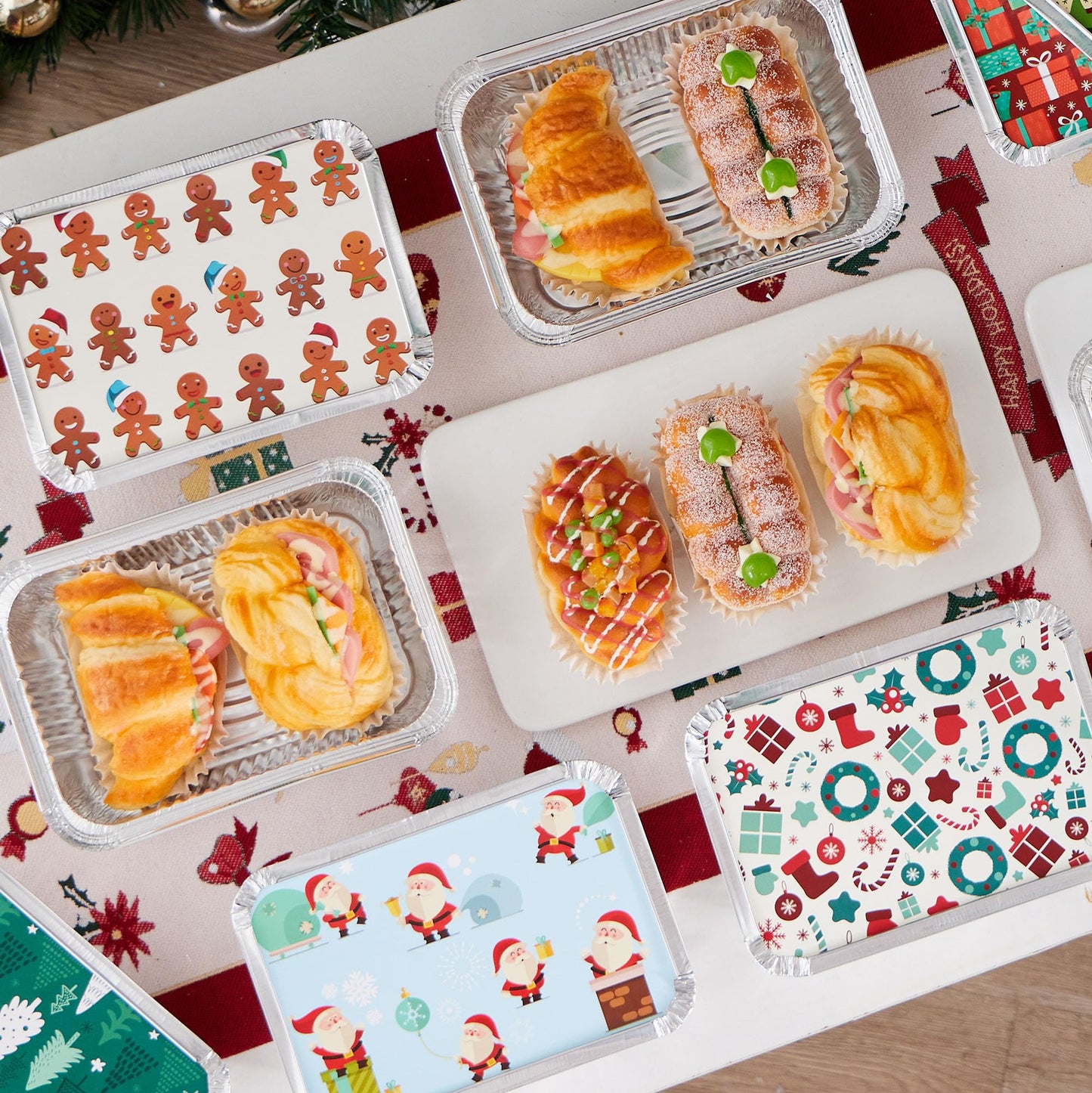 36 Pieces Christmas Foil Containers with Lid, 9 Holiday Designs, 6.5"x5"x2" Christmas Small Gift Bags Santa Sacks, for Holiday Leftovers Goodie Container or Cookie Exchange