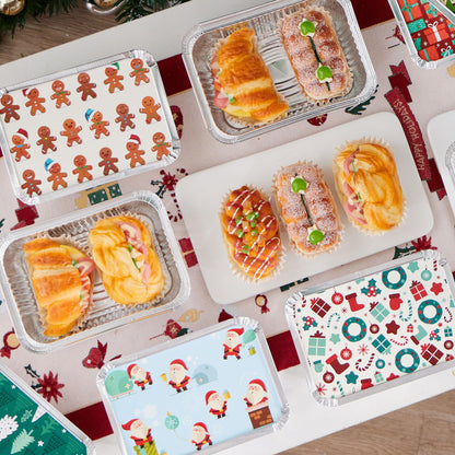 36 Pieces Christmas Foil Containers with Lid, 9 Holiday Designs, 6.5"x5"x2" Christmas Small Gift Bags Santa Sacks, for Holiday Leftovers Goodie Container or Cookie Exchange