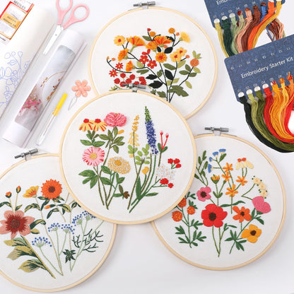 4 Sets Embroidery Kit for Beginners with Stitch Video, Flower Cross Stitch Kits for Adults, Starter, Hand Craft Lover Practice with Floral Stamped Pattern, 2 Hoops, 16 Needles, Scissors, Tools