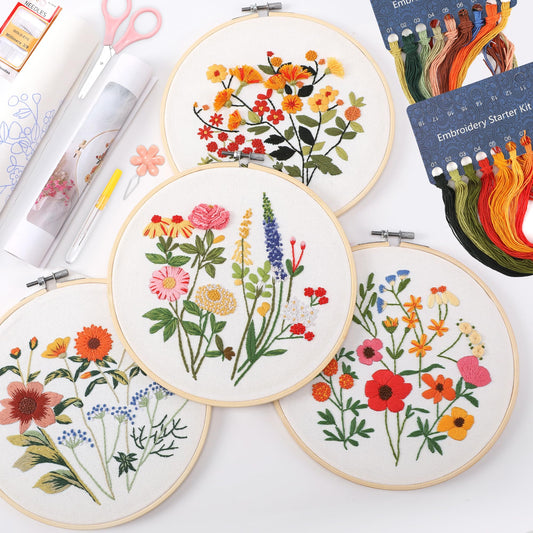 4 Sets Embroidery Kit for Beginners with Stitch Video, Flower Cross Stitch Kits for Adults, Starter, Hand Craft Lover Practice with Floral Stamped Pattern, 2 Hoops, 16 Needles, Scissors, Tools