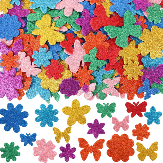 300 Pieces Spring Glitter Flower Butterfly Foam Stickers Bulk Self-Adhesive Colorful Shapes Foam Stickers for Arts Crafts DIY Scrapbooking Cards Decoration Home DIY Supplies