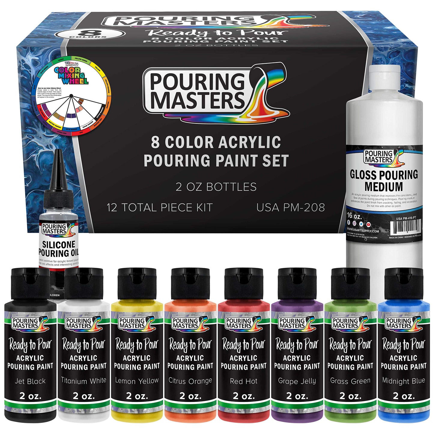 Pouring Masters 8 Color Ready to Pour Acrylic Pouring Paint Set - Premium Pre-Mixed High Flow 2-Ounce Bottles - for Canvas, Wood, Paper, Crafts, Tile, Rocks and More
