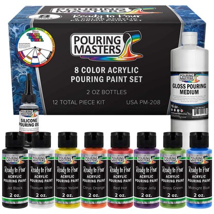 Pouring Masters 8 Color Ready to Pour Acrylic Pouring Paint Set - Premium Pre-Mixed High Flow 2-Ounce Bottles - for Canvas, Wood, Paper, Crafts, Tile, Rocks and More