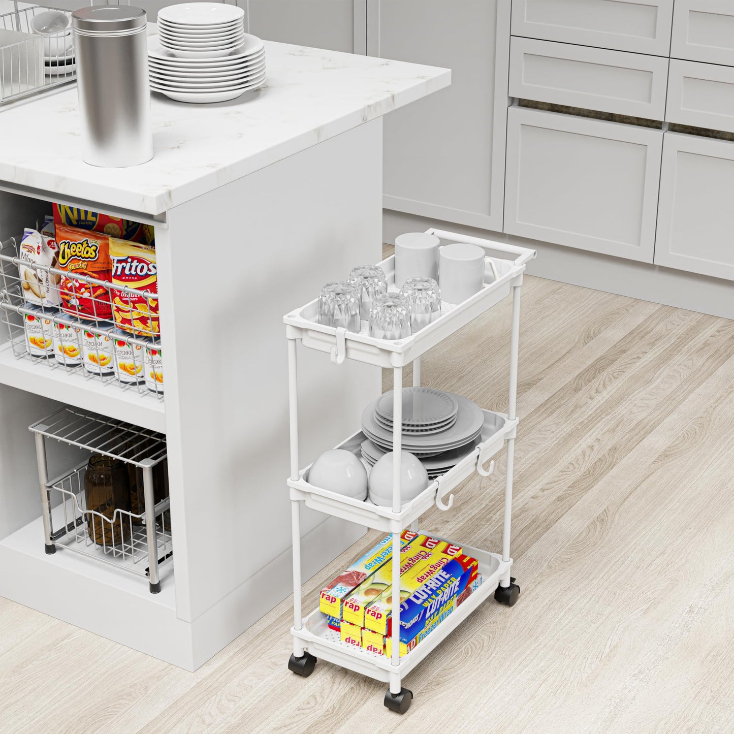 Standard 3-Tier Slim Rolling Storage Cart, White