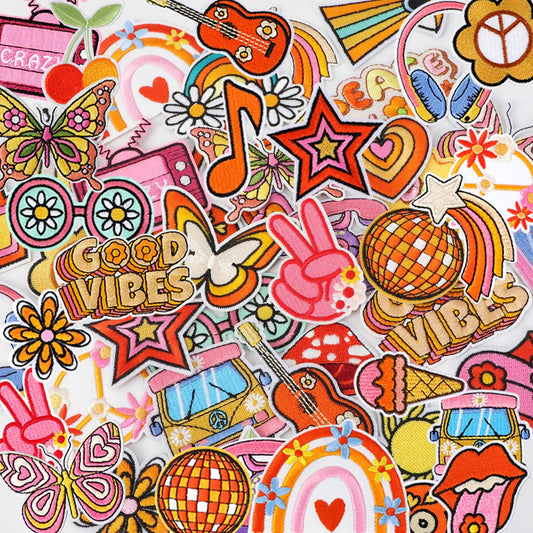60pcs Hippie Embroidered Patches Random Assorted Styles Hippie Theme Iron on Patches for Girls, Wonmen DIY Sew Applique Repair Patch Cute Sew on Patches for Backpacks Pants Clothes Jeans