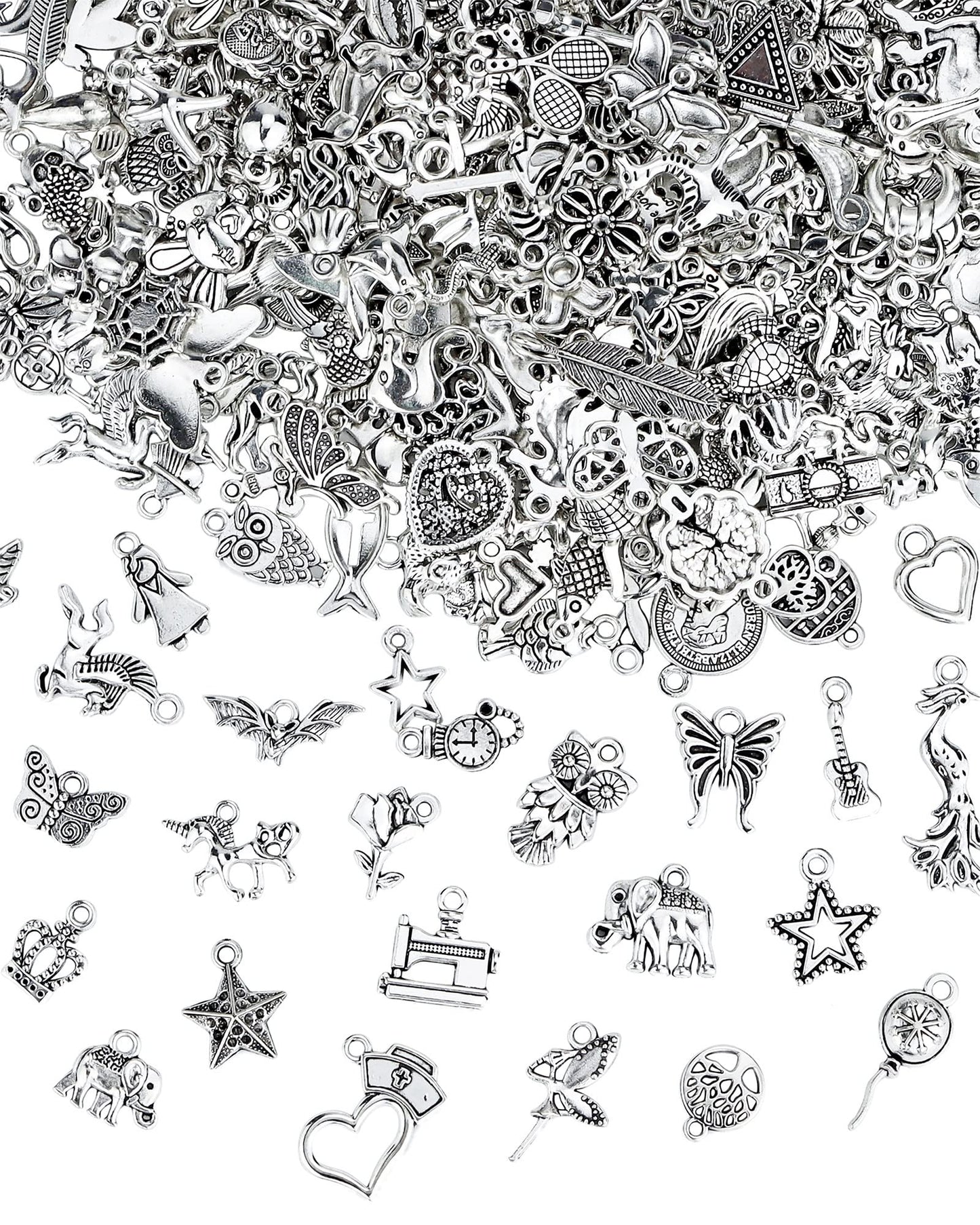 400 PCS Wholesale Bulk Lots Jewelry Making Charms Mixed Smooth Tibetan Silver Alloy Charms Pendants DIY for Bracelet Necklace Jewelry Making and Crafting
