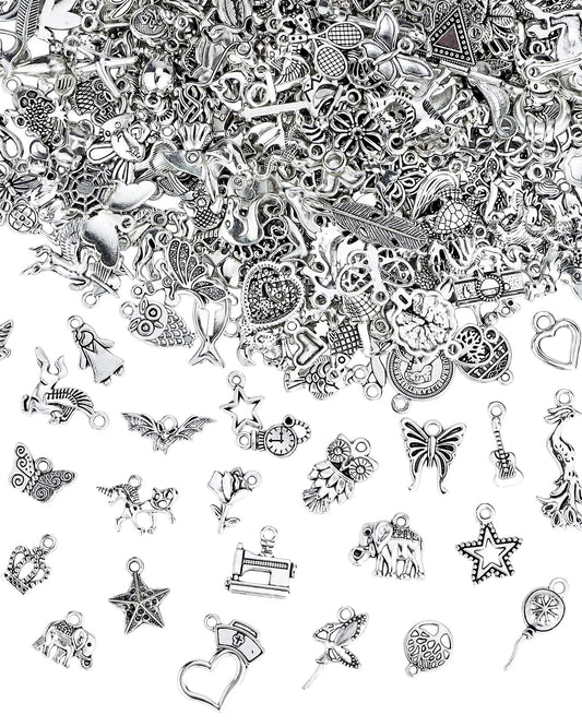 400 PCS Wholesale Bulk Lots Jewelry Making Charms Mixed Smooth Tibetan Silver Alloy Charms Pendants DIY for Bracelet Necklace Jewelry Making and Crafting