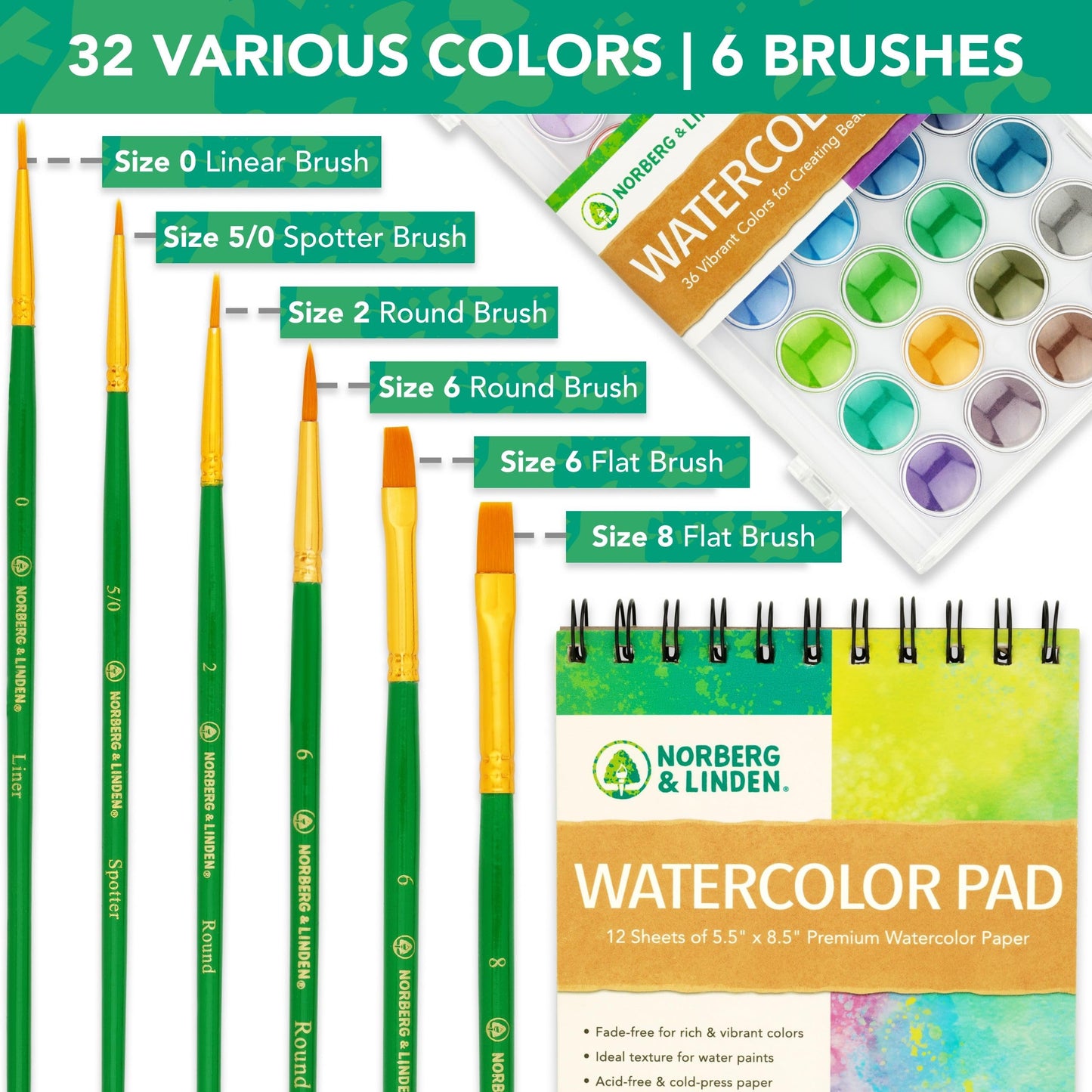 Watercolor Paint Set - 36 Premium Paints - 12 Page Pad - 6 Brushes - Painting Supplies with Palette, Watercolors, Art Pad Paper and Artist Brushes