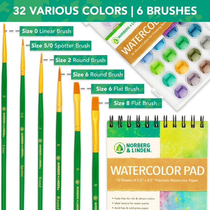 Watercolor Paint Set - 36 Premium Paints - 12 Page Pad - 6 Brushes - Painting Supplies with Palette, Watercolors, Art Pad Paper and Artist Brushes