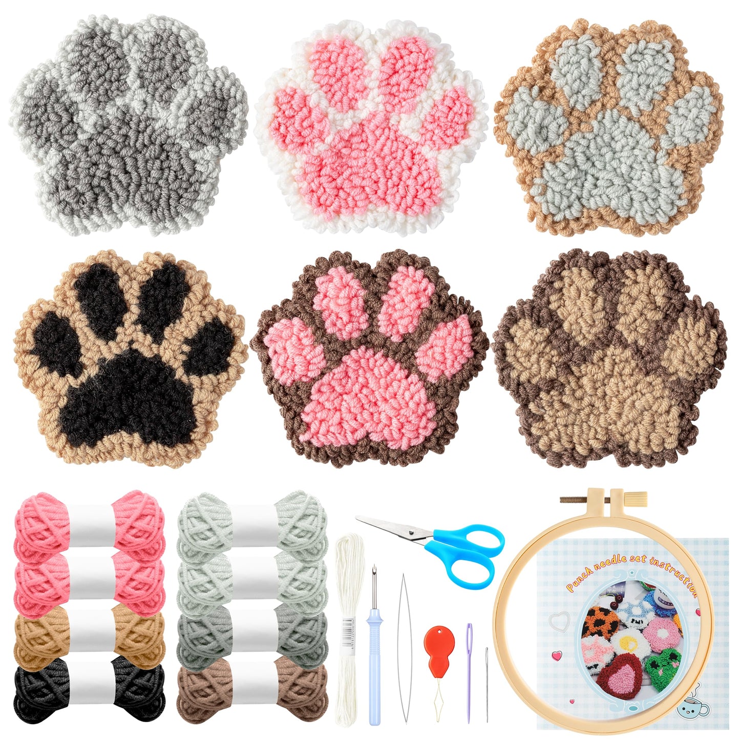 22Pcs Craft Punch Needle Coaster Kit, Easy Art Work Decor Coasters Kits for Beginners, 6 Pattern Tufted Rug Pads with Adhesive Felt Yarns Embroidery Hoop Instruction, DIY Needle Punch Craft