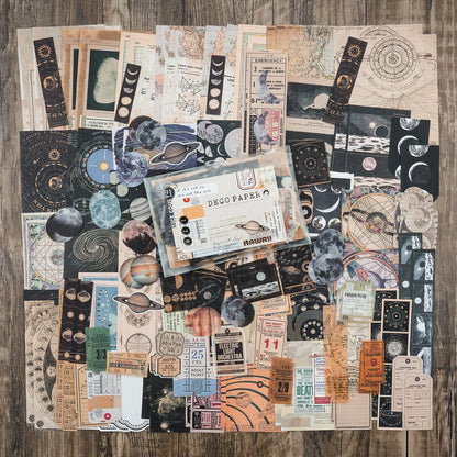 Vintage Scrapbook Supplies Pack (200 Pieces) for Witchy Junk Journal Bullet Journals Planners Space Moon Paper Stickers Craft Kits Collage (Celestial)