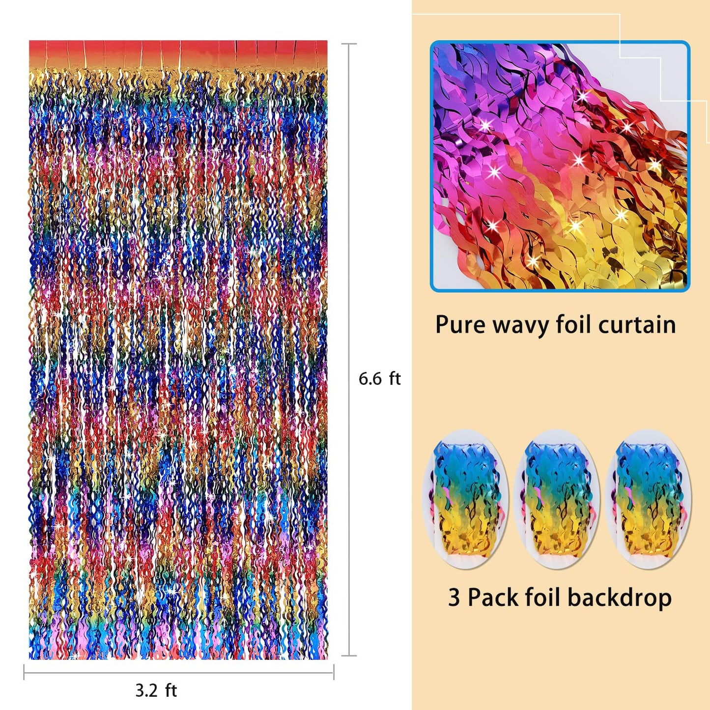 3 Pack Colorful Foil Fringe Curtain Backdrop - 6.6 x 3.3 ft Wavy Rainbow Tinsel Backdrop Curtain Metallic Streamers Iridescent Holiday Photo Booth Party Decorations