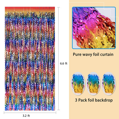 3 Pack Colorful Foil Fringe Curtain Backdrop - 6.6 x 3.3 ft Wavy Rainbow Tinsel Backdrop Curtain Metallic Streamers Iridescent Holiday Photo Booth Party Decorations
