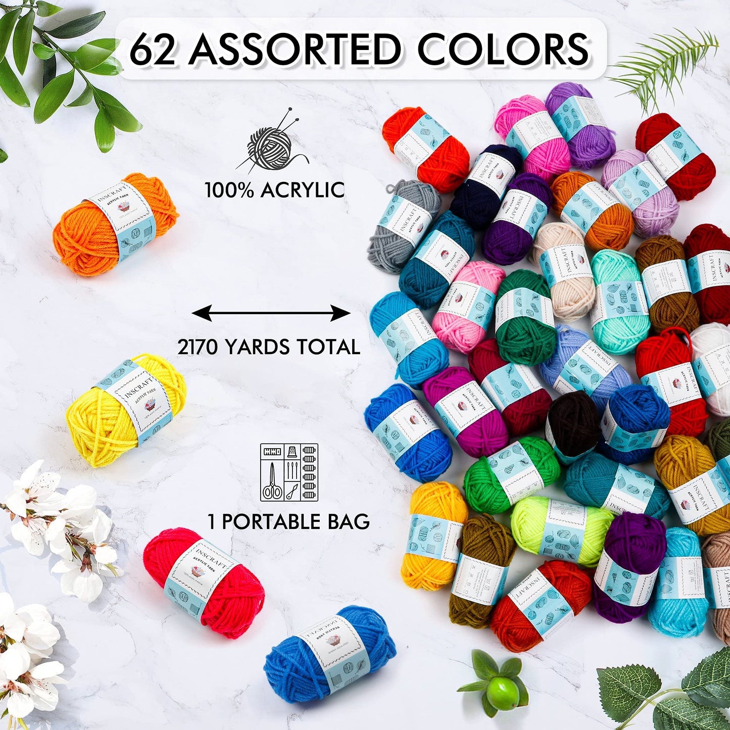 62 Acrylic Yarn Skeins, 2170 Yards Yarn for Knitting and Crochet, Includes 2 Crochet Hooks,2 Weaving Needles,10 Stitch Markers, Perfect Beginner Kit for for Adults Kids