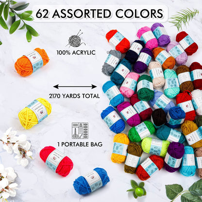 62 Acrylic Yarn Skeins, 2170 Yards Yarn for Knitting and Crochet, Includes 2 Crochet Hooks,2 Weaving Needles,10 Stitch Markers, Perfect Beginner Kit for for Adults Kids
