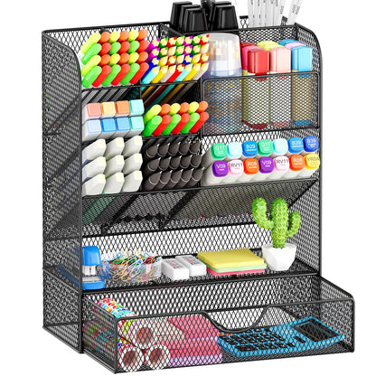 Desk Organizers and Accessories, Pen Holder for Desk Organizer with Drawer, Pencil Holder Office Desk Accessories Workspace Desktop Organizer for School Home Office Art Supplies（Black）