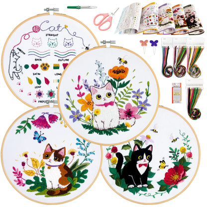 Embroidery Kit for Beginners, 4 Sets Cat Embroidery Kits, Needle Point Kits Adults Beginner, with Original Patterns, Detailed and Easy to Follow Step-by-Step Instructions