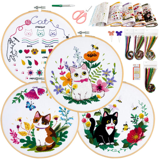 Embroidery Kit for Beginners, 4 Sets Cat Embroidery Kits, Needle Point Kits Adults Beginner, with Original Patterns, Detailed and Easy to Follow Step-by-Step Instructions