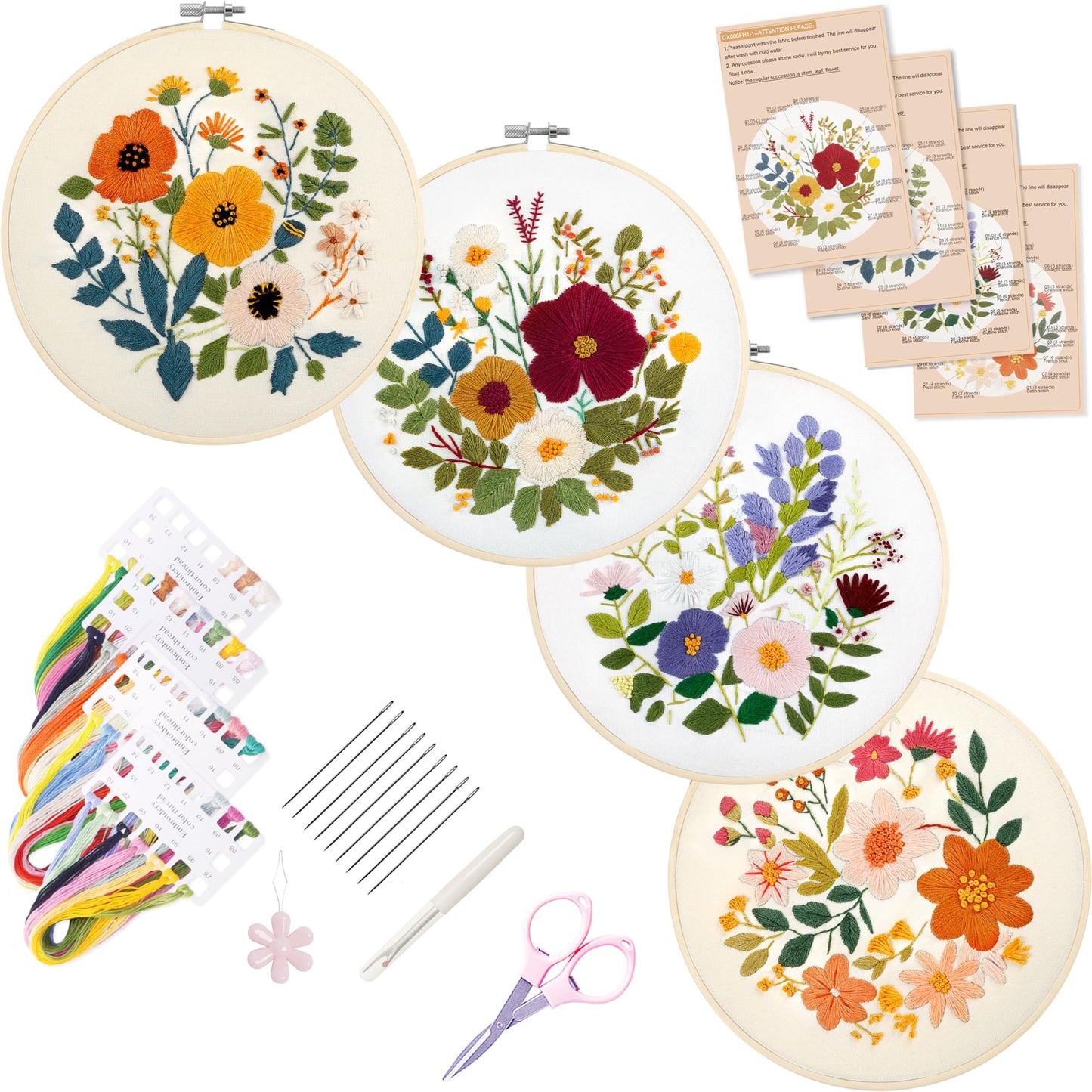 Embroidery Kit for Beginners with Instructions,Cross Stitch Kits for Adults with Pattern,Needlepoint Kits for Adult Include Embroidery Cloth Hoops Needles Threads (flowers2)