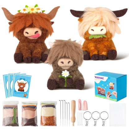 Highland Cow Needle Felting Kit - Set of 3 Different Highland Cow Doll Wool Felt Needle Felting Tools Foam Pad, DIY Home Decoration Needle Felting Craft Party Supplies for Beginners
