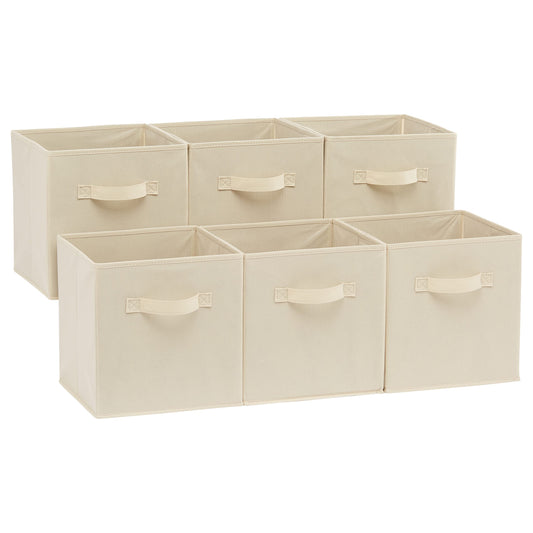 Cube Organizer Storage Bins Handles, Collapsible Fabric, Pack of 6, 10.5"x10.5"x11", Beige
