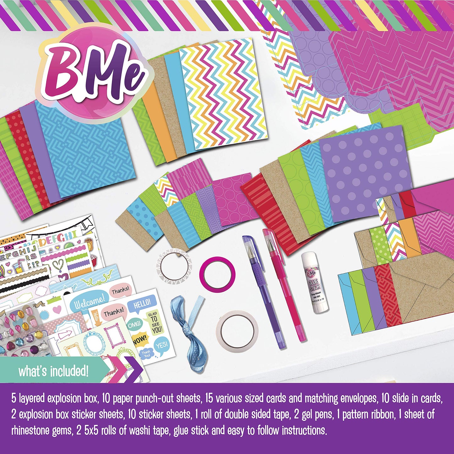 B Me Card Making Kit for Kids - Arts and Crafts Box - DIY Holiday, Birthday Cards Stationary Set – Jel Pens, Sticker Sheets, Gems, Envelope, Ribbon, Tape - Crafts Age 6+