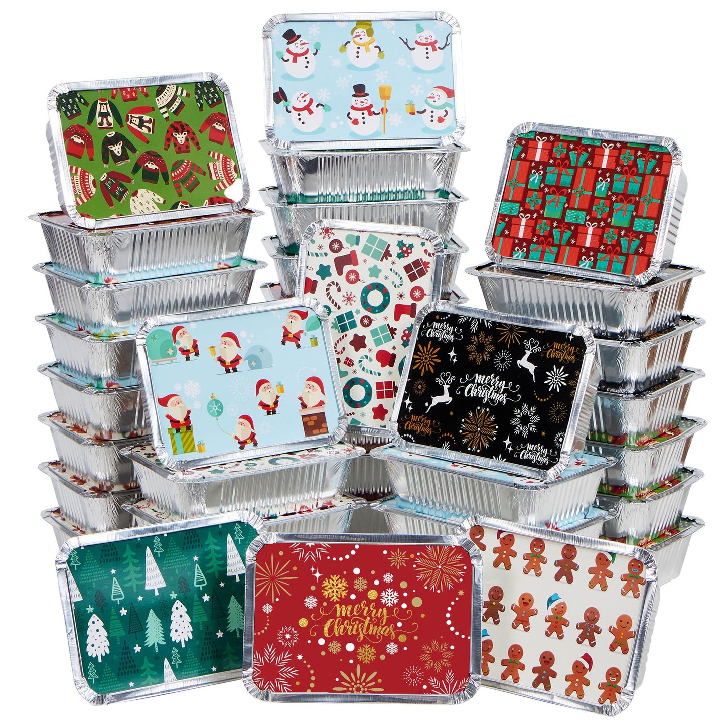 36 Pieces Christmas Foil Containers with Lid, 9 Holiday Designs, 6.5"x5"x2" Christmas Small Gift Bags Santa Sacks, for Holiday Leftovers Goodie Container or Cookie Exchange