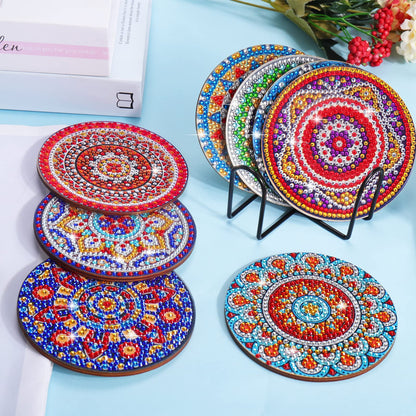 8 Pcs Coasters with Holder, Mandala DIY Diamond Art Crafts for Adults, Small Diamond Painting Kits Accessories