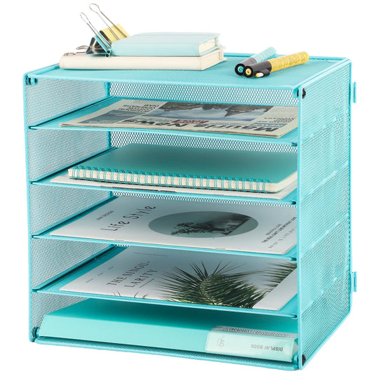 5 Slot Mesh Desk Organizer Tray, File Paper Letter Folder Holder Desktop Paper Sorter Mail Organization Rack Storage Accessories, for Office Home School Classroom, Blue