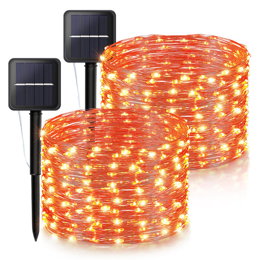 Solar Halloween Lights Outdoor,2 Pack Each 33Ft 100LED Orange Halloween Lights,Copper Wire Solar Powered Fairy String Lights 8 Modes for Garden,Tree,Thanksgiving,Christmas,Parties,Home Decor