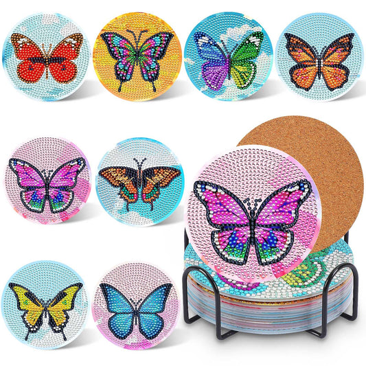 8Pcs Diamond Art Painting Coasters for Drinks DIY Life Coaster Diamond Art Kits for Adults Kids Beginners Diamond Art Craft Supplies (Butterfly)