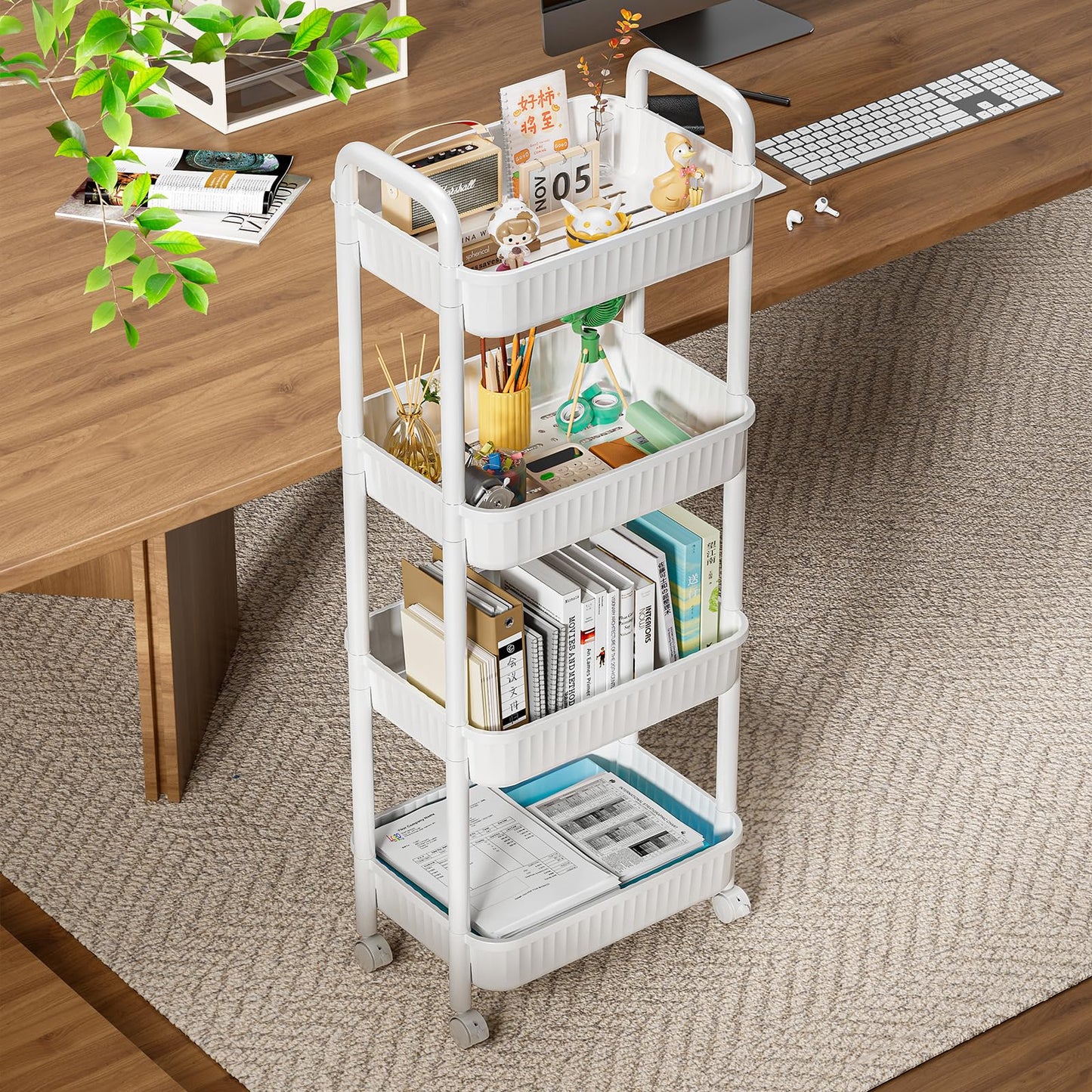 4 Tier Rolling Carts with Wheels, Utility Cart with Handle and Locking Caster, Storage Cart for Kitchen, Office, Bedroom, Suitable for Diaper, Art Tools, Snack, Craft Storage Cabinet, White