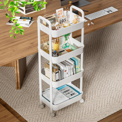 4 Tier Rolling Carts with Wheels, Utility Cart with Handle and Locking Caster, Storage Cart for Kitchen, Office, Bedroom, Suitable for Diaper, Art Tools, Snack, Craft Storage Cabinet, White