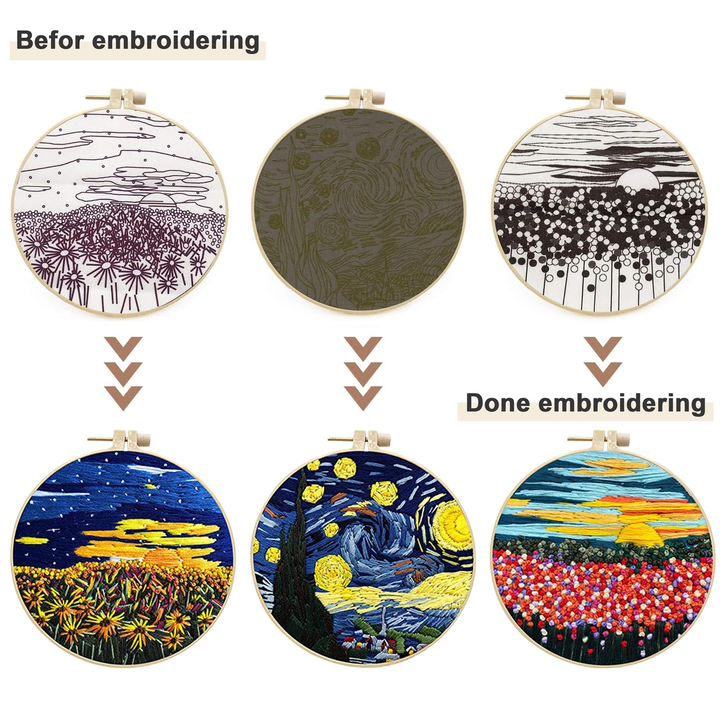 3 Sets Embroidery kit for Beginners Adults,Embroidery Kit Punch Needle Kit Cross Stitch Kits with Embroidery Hoop and Instructions,Hand Embroidery Starter Kit (Garden Scenery)