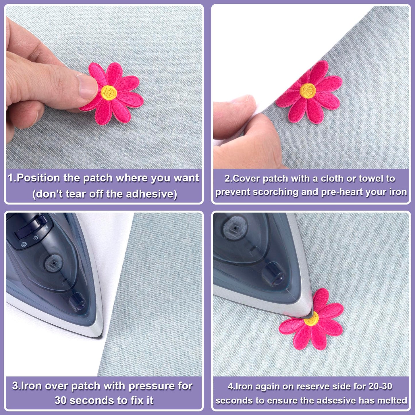 24 Pcs Flower Iron on Patch, Cute Daisy Applique, Sew On Embroidered for Bags, Jackets, Jeans, Clothes DIY, 1.57x1.57inch (W*H), 8 Light Colors