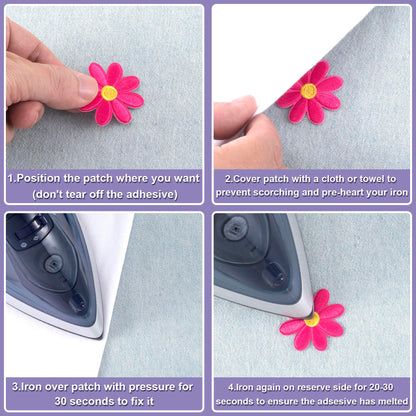 24 Pcs Flower Iron on Patch, Cute Daisy Applique, Sew On Embroidered for Bags, Jackets, Jeans, Clothes DIY, 1.57x1.57inch (W*H), 8 Light Colors