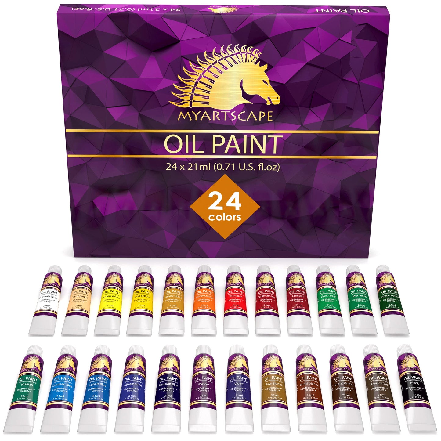 Oil Paint Set - 24 x 21ml Tubes - Artist Quality - Rich Vivid Oil-based Colors - Lightfast - Heavy Body - Great Saturation - Glossy Finish - Professional Painting Supplies