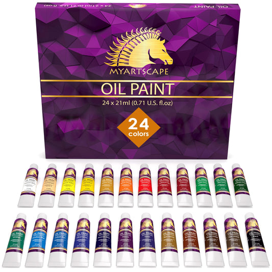 Oil Paint Set - 24 x 21ml Tubes - Artist Quality - Rich Vivid Oil-based Colors - Lightfast - Heavy Body - Great Saturation - Glossy Finish - Professional Painting Supplies