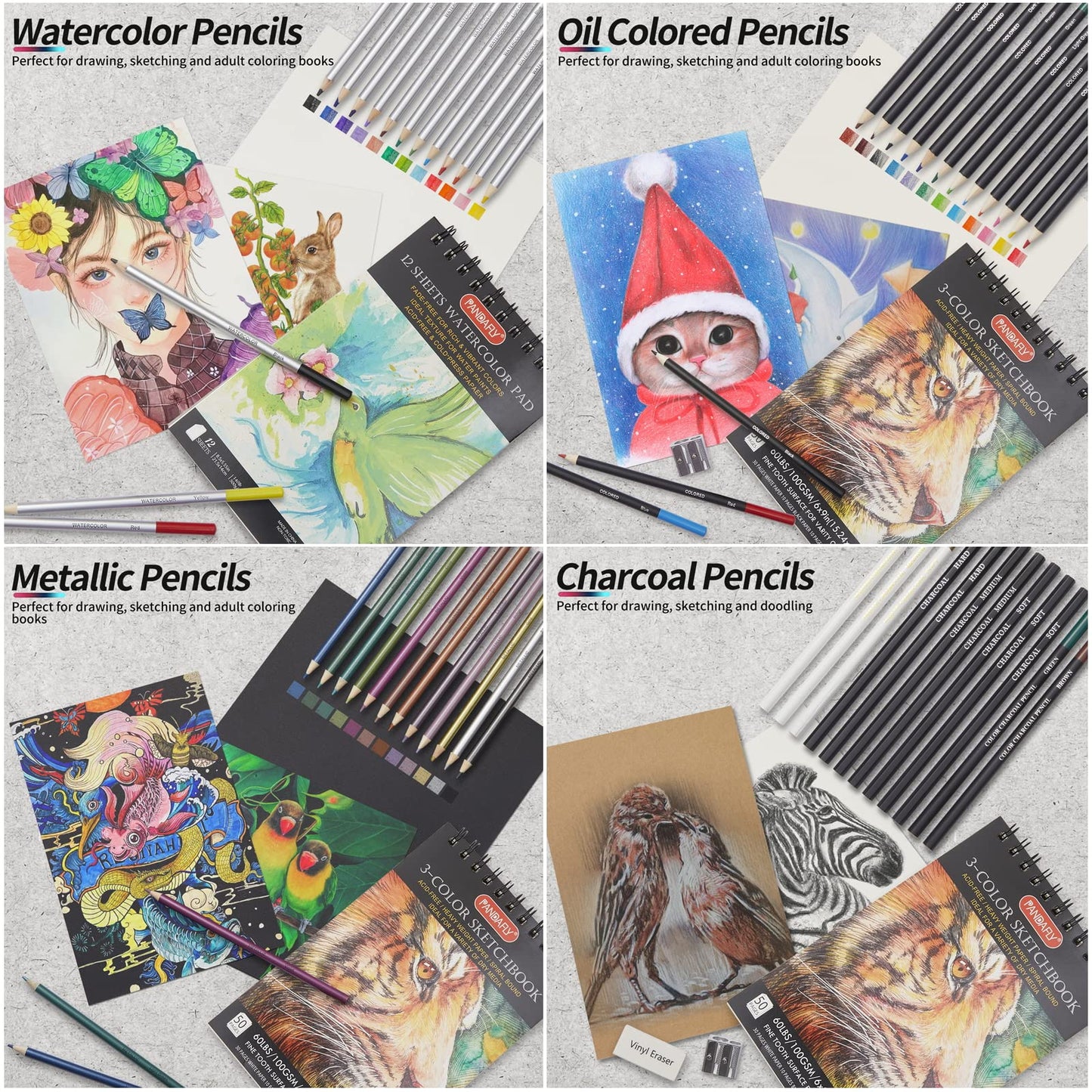 80 Pack Drawing Set Sketching Kit, Pro Art Supplies with 3-Color Sketchbook, Watercolor Pad, Colored, Graphite, Charcoal, Metallic Pencil, for Artist Adults Kids Beginner