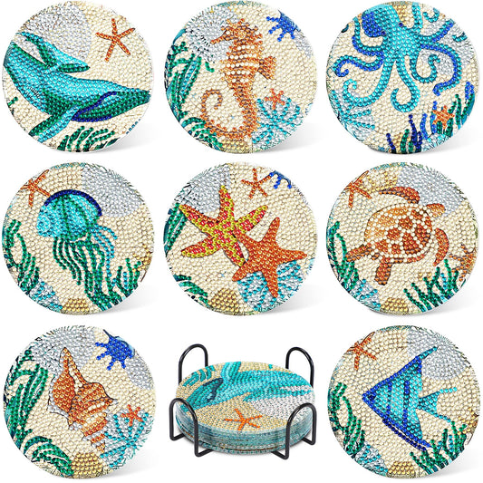 Ocean Diamond Art Painting Coaster Kit, 8Pcs DIY Crafts Kit with Holder, Non Slip Coaster Art Supplies for Adults, Ideal Christmas Gift