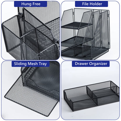 Desk Organizer, File Organizer for Desk with 2-Tier Paper Letter Tray, Drawer and 2 Pen Holder, Mesh Desktop Organization with Magazine Holder for Office Supplies