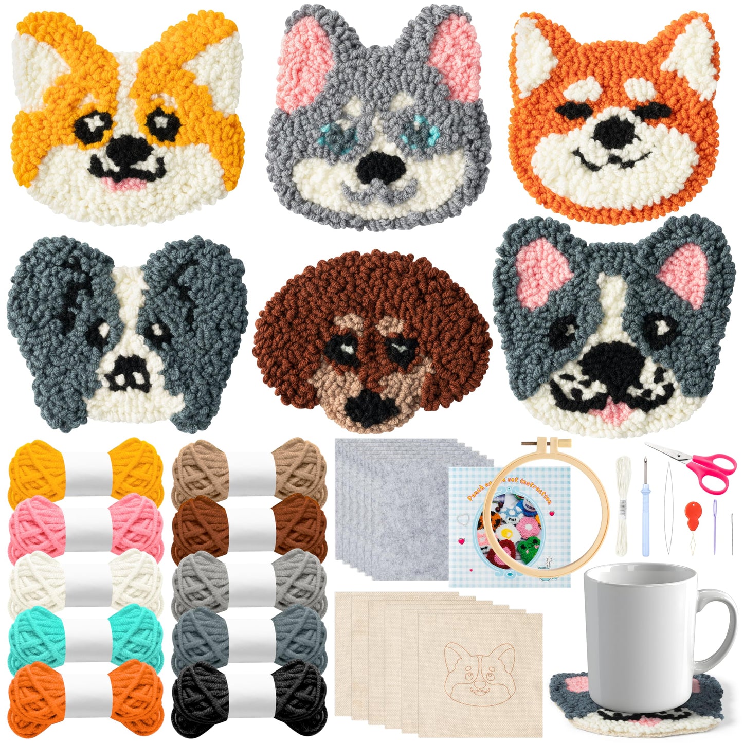 Puppy Punch Needle Coaster Kit - 6 Patterns Dog Punch Needle Embroidery Craft Kit, DIY Felting Coaster for Adults Beginners with Adhesive Yarns Fabric Felt Hoop Tools Instruction