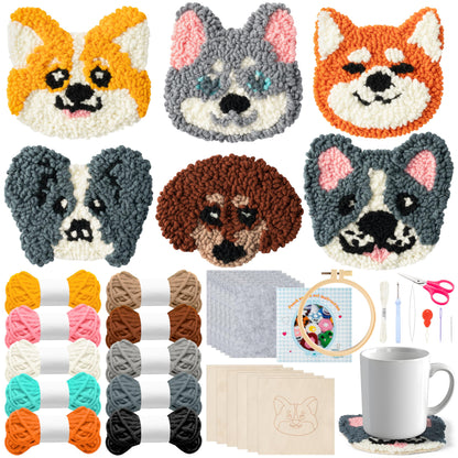 Puppy Punch Needle Coaster Kit - 6 Patterns Dog Punch Needle Embroidery Craft Kit, DIY Felting Coaster for Adults Beginners with Adhesive Yarns Fabric Felt Hoop Tools Instruction