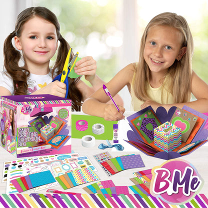 B Me Card Making Kit for Kids - Arts and Crafts Box - DIY Holiday, Birthday Cards Stationary Set – Jel Pens, Sticker Sheets, Gems, Envelope, Ribbon, Tape - Crafts Age 6+