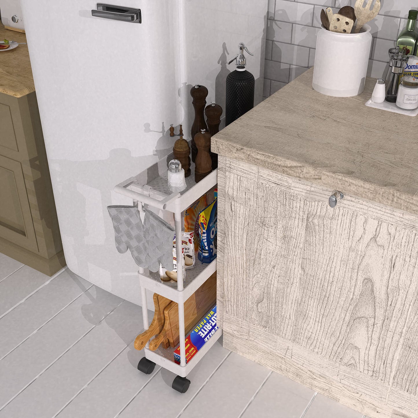 Kitchen Cart Storage 3-Tier Slim/Super Narrow Shelves with Handle, 26.5'' Height/5.5'' Width for Narrow Place, White